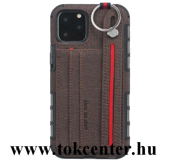 Apple iPhone 11 Szilikon telefonvédő (közepesen ütésálló, asztali tartó funkció, bankkártya tartó, textil hátlap + kézpánt) SÖTÉTBARNA