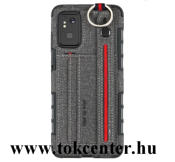 Samsung Galaxy S20 Plus (SM-G985F) Szilikon telefonvédő (közepesen ütésálló, asztali tartó funkció, bankkártya tartó, textil hátlap + kézpánt) SZÜRKE