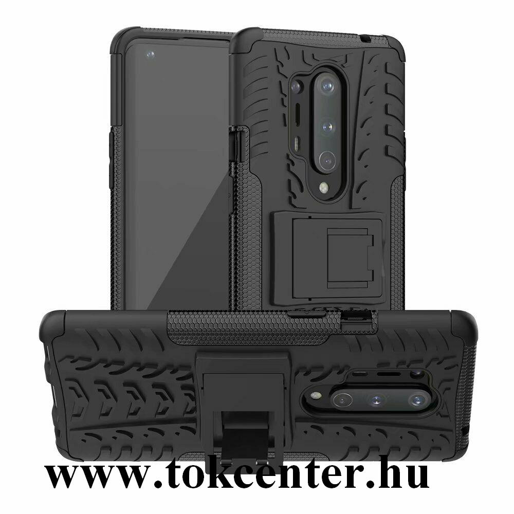 OnePlus 8 Pro 5G Defender műanyag telefonvédő (közepesen ütésálló, szilikon belső, kitámasztó, autógumi minta) FEKETE