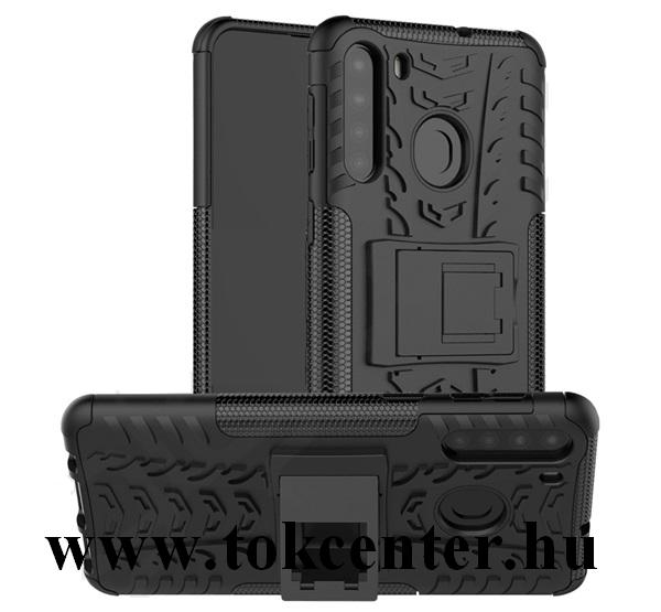 Samsung Galaxy A21 (SM-A210F) Defender műanyag telefonvédő (közepesen ütésálló, szilikon belső, kitámasztó, autógumi minta) FEKETE