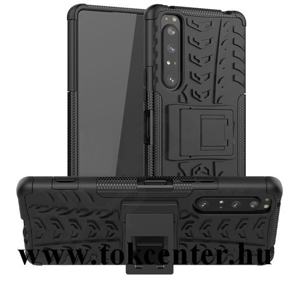 Sony Xperia 1 II (XQ-AT5) Defender műanyag telefonvédő (közepesen ütésálló, szilikon belső, kitámasztó, autógumi minta) FEKETE