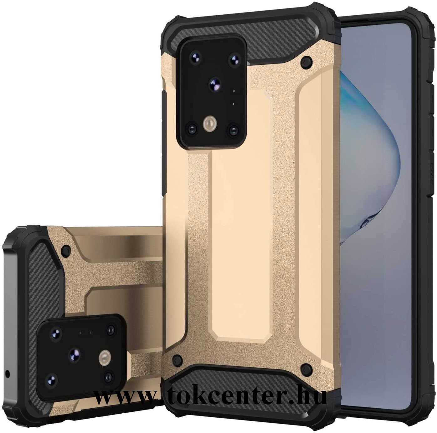 Samsung Galaxy S20 Ultra (SM-G988F) /Galaxy S20 Ultra 5G (SM-G988B) Defender műanyag telefonvédő (közepesen ütésálló, légpárnás sarok, szilikon belső, fémhatás) ARANY