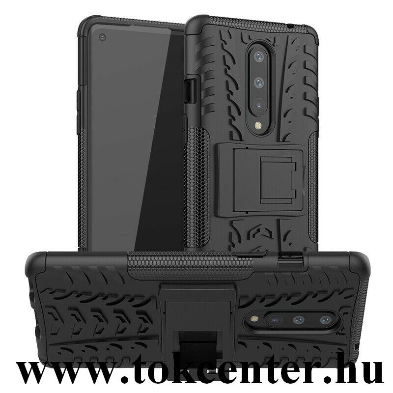 OnePlus 8 5G Defender műanyag telefonvédő (közepesen ütésálló, szilikon belső, kitámasztó, autógumi minta) FEKETE