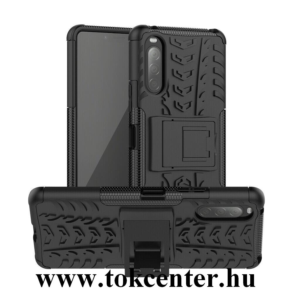 Sony Xperia 10 II (XQ-AU5) Defender műanyag telefonvédő (közepesen ütésálló, szilikon belső, kitámasztó, autógumi minta) FEKETE