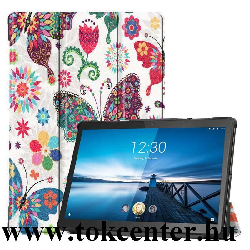 Lenovo Tab M10 FHD Plus (TB-X606X) / Lenovo Tab M10 Plus (TB-X606F) Tok álló, bőr hatású (aktív flip, oldalra nyíló, TRIFOLD asztali tartó funkció, színes pillangó minta) FEHÉR