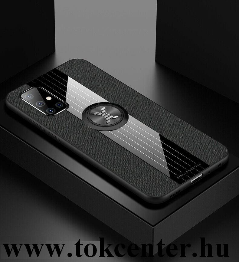 Samsung Galaxy S20 (SM-G980F) / Samsung Galaxy S20 5G (SM-G981U) Szilikon telefonvédő (közepesen ütésálló, telefontartó gyűrű, beépített fémlemez, textil minta) FEKETE