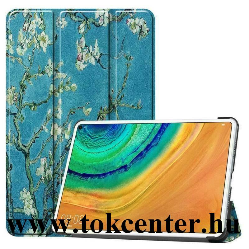 Huawei MatePad Pro LTE (MRX-AL19) / Huawei MatePad Pro WIFI (MRX-W19) Tok álló, bőr hatású (aktív flip, oldalra nyíló, TRIFOLD asztali tartó funkció, virág minta) KÉK