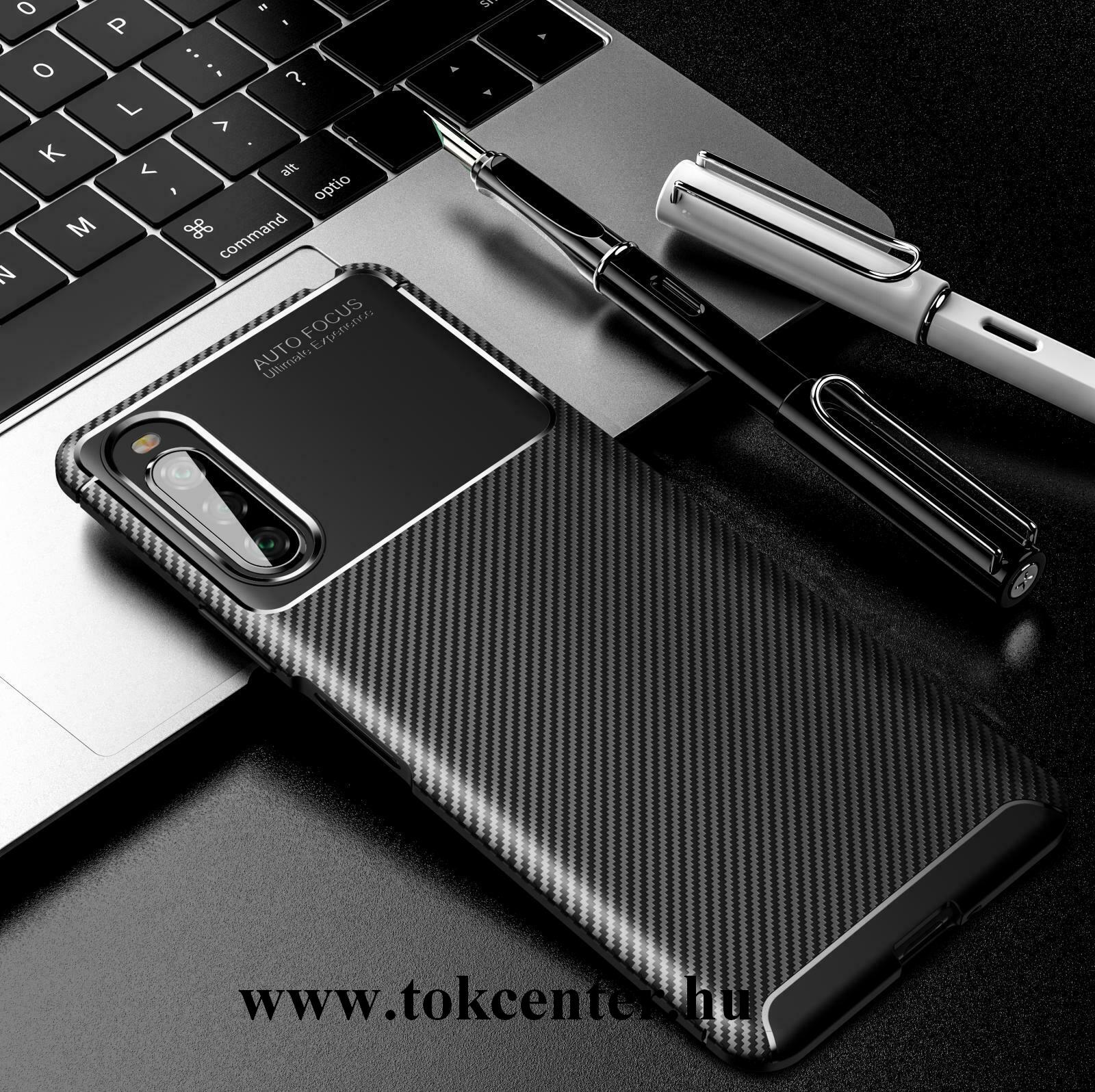 Sony Xperia 10 II (XQ-AU5) Szilikon telefonvédő (közepesen ütésálló, légpárnás sarok, karbon minta) FEKETE