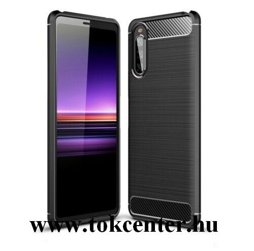Sony Xperia 10 II (XQ-AU5) Szilikon telefonvédő (közepesen ütésálló, légpárnás sarok, szálcsiszolt, karbon minta) FEKETE