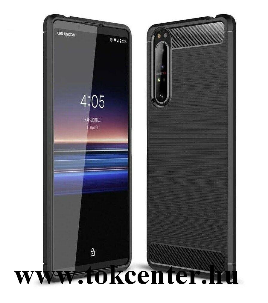 Sony Xperia 1 II (XQ-AT5) Szilikon telefonvédő (közepesen ütésálló, légpárnás sarok, szálcsiszolt, karbon minta) FEKETE