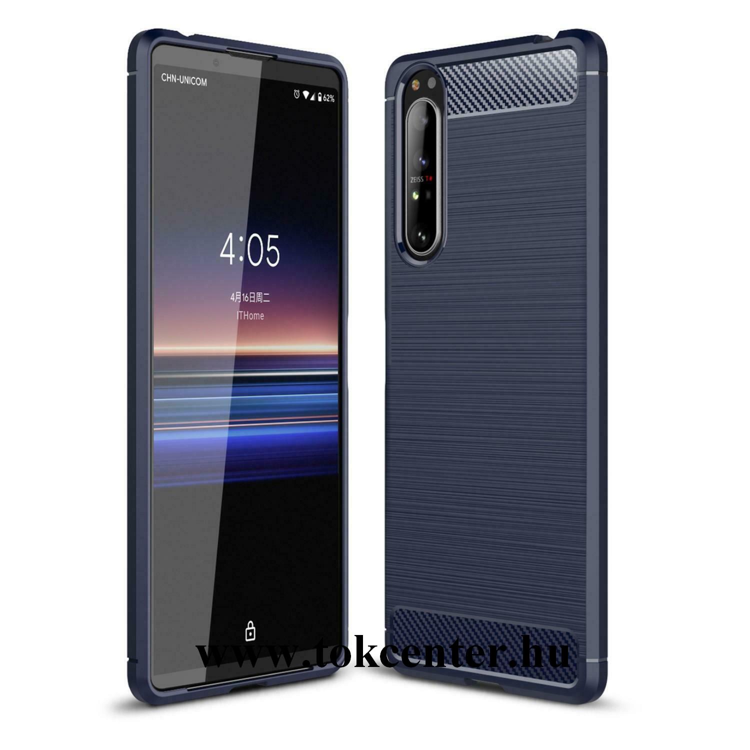 Sony Xperia 1 II (XQ-AT5) Szilikon telefonvédő (közepesen ütésálló, légpárnás sarok, szálcsiszolt, karbon minta) KÉK