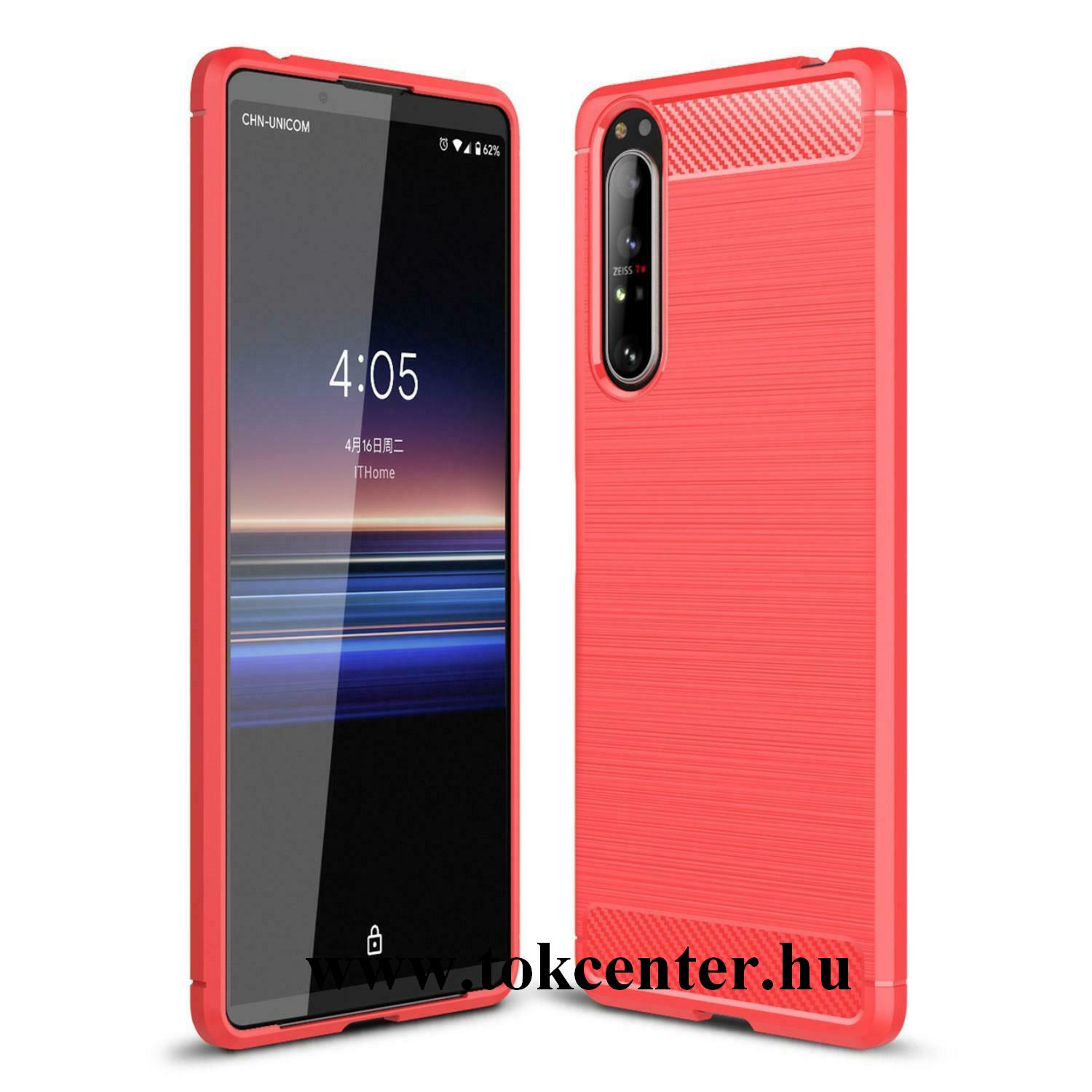 Sony Xperia 1 II (XQ-AT5) Szilikon telefonvédő (közepesen ütésálló, légpárnás sarok, szálcsiszolt, karbon minta) PIROS