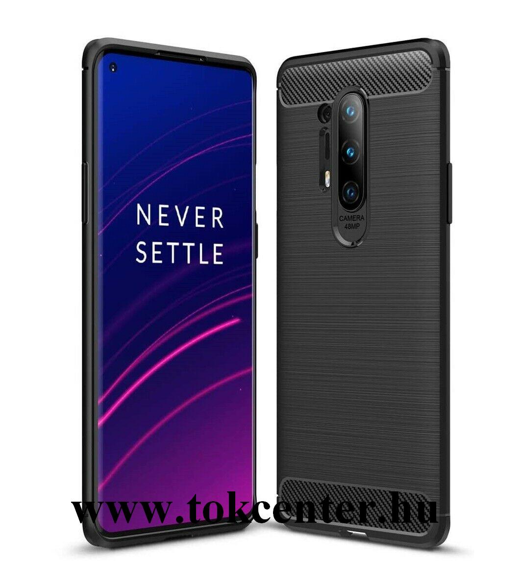 OnePlus 8 Pro 5G Szilikon telefonvédő (közepesen ütésálló, légpárnás sarok, szálcsiszolt, karbon minta) FEKETE