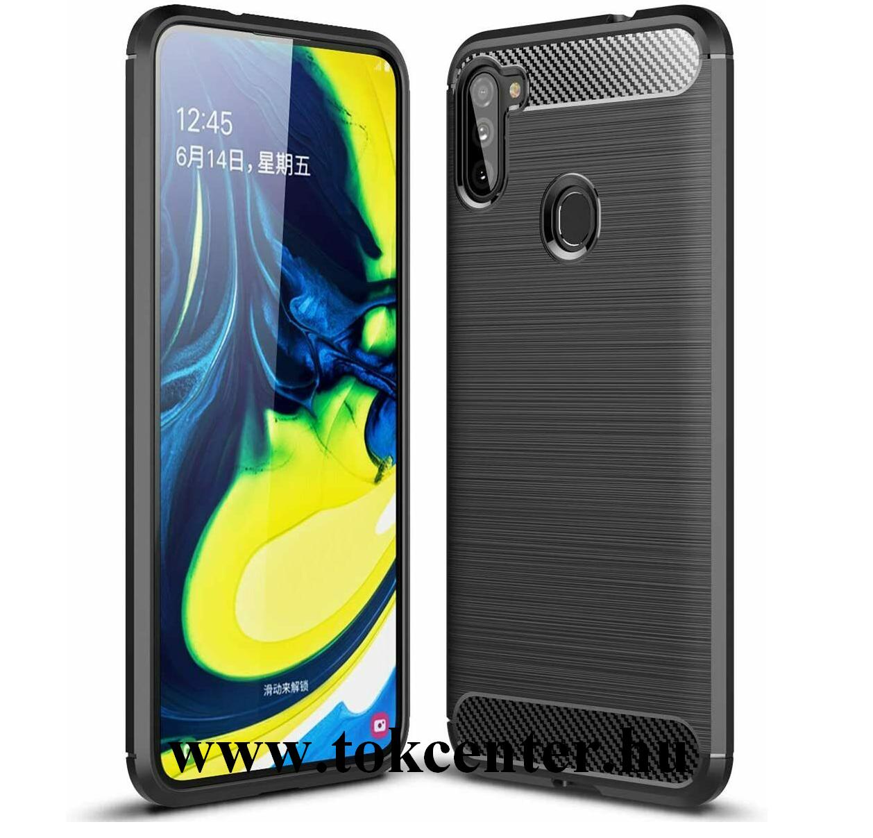 Samsung Galaxy A11 (SM-A115F) Szilikon telefonvédő (közepesen ütésálló, légpárnás sarok, szálcsiszolt, karbon minta) FEKETE