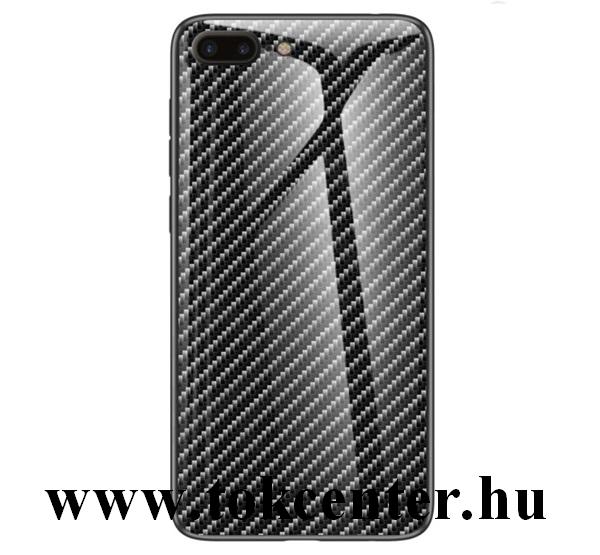 Apple iPhone 7 Plus 5.5 / Apple iPhone 8 Plus 5.5 Telefonvédő szilikon keret (BUMPER, edzett üveg hátlap, karbon minta) FEKETE