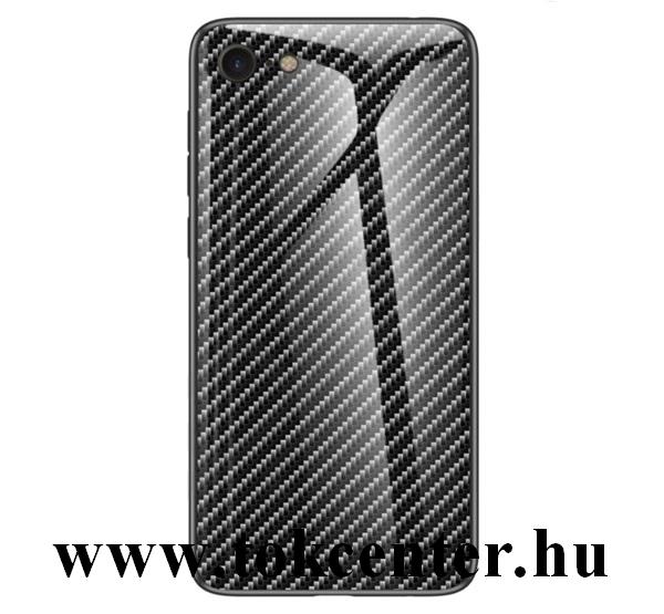Apple iPhone 7 4.7 / Apple iPhone 8 4.7 / Apple iPhone SE (2020) Telefonvédő szilikon keret (BUMPER, edzett üveg hátlap, karbon minta) FEKETE