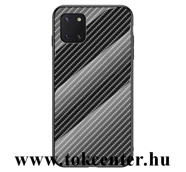 Samsung Galaxy Note 10 Lite (SM-N770F) Telefonvédő szilikon keret (BUMPER, edzett üveg hátlap, karbon minta) FEKETE