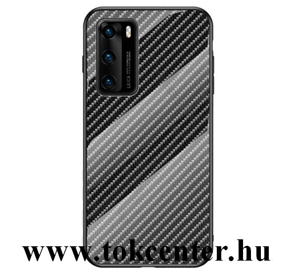 Huawei P40 Pro 5G / Huawei P40 Pro+ 5G Telefonvédő szilikon keret (BUMPER, edzett üveg hátlap, karbon minta) FEKETE