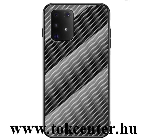 Samsung Galaxy S10 Lite (SM-G770F) Telefonvédő szilikon keret (BUMPER, edzett üveg hátlap, karbon minta) FEKETE