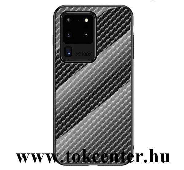 Samsung Galaxy S20 Ultra (SM-G988F) / Samsung Galaxy S20 Ultra 5G (SM-G988B) Telefonvédő szilikon keret (BUMPER, edzett üveg hátlap, karbon minta) FEKETE