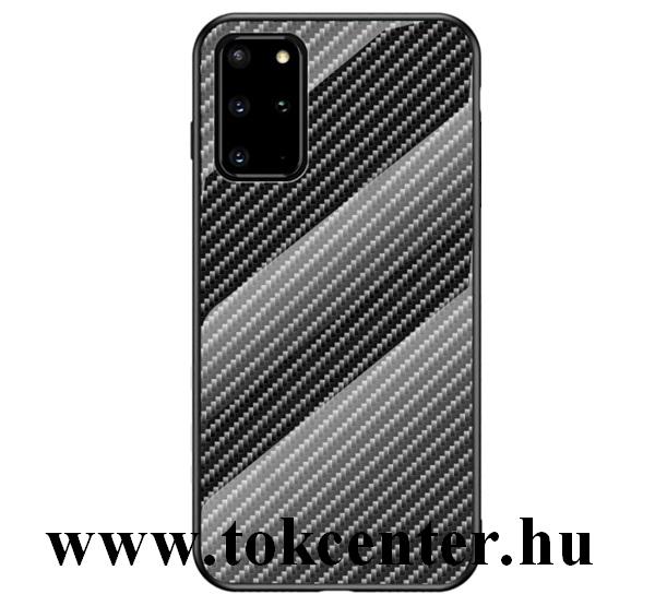 Samsung Galaxy S20 Plus (SM-G985F) / Samsung Galaxy S20 Plus 5G (SM-G986) Telefonvédő szilikon keret (BUMPER, edzett üveg hátlap, karbon minta) FEKETE