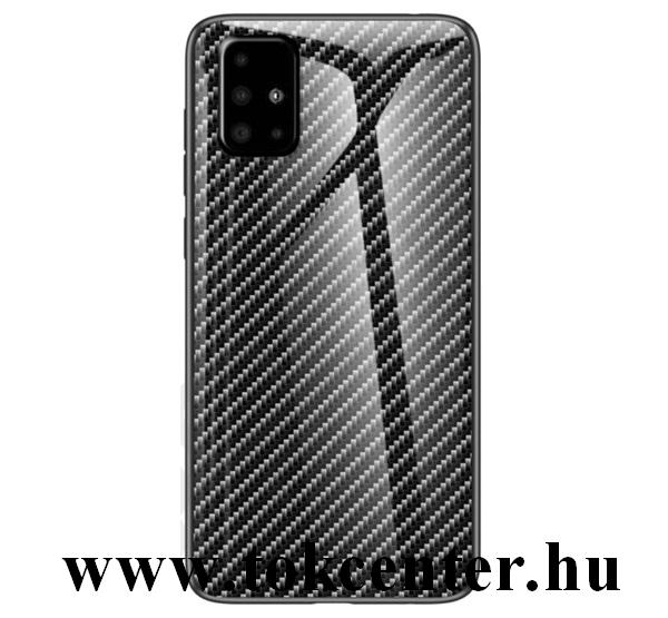 Samsung Galaxy A71 (SM-A715F) Telefonvédő szilikon keret (BUMPER, edzett üveg hátlap, karbon minta) FEKETE