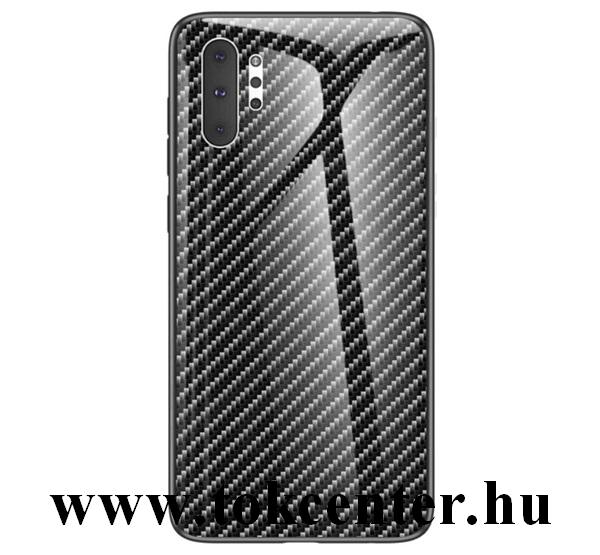 Samsung Galaxy Note 10 Plus (SM-N975F)/Galaxy Note 10 Plus 5G (SM-N976F) Telefonvédő szilikon keret (BUMPER, edzett üveg hátlap, karbon minta) FEKETE