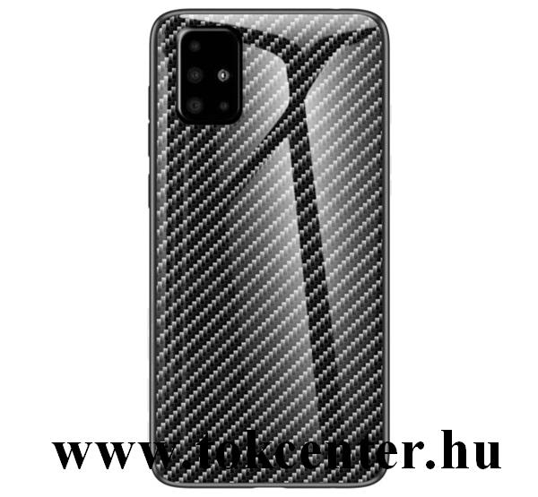 Samsung Galaxy A51 (SM-A515F) Telefonvédő szilikon keret (BUMPER, edzett üveg hátlap, karbon minta) FEKETE