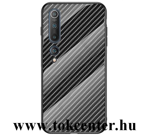Xiaomi MI 10 Pro 5G Telefonvédő szilikon keret (BUMPER, edzett üveg hátlap, karbon minta) FEKETE