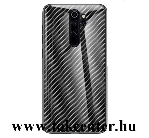 Xiaomi Redmi Note 8 Pro Telefonvédő szilikon keret (BUMPER, edzett üveg hátlap, karbon minta) FEKETE