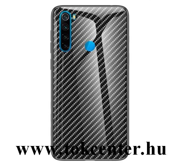 Xiaomi Redmi Note 8T Telefonvédő szilikon keret (BUMPER, edzett üveg hátlap, karbon minta) FEKETE