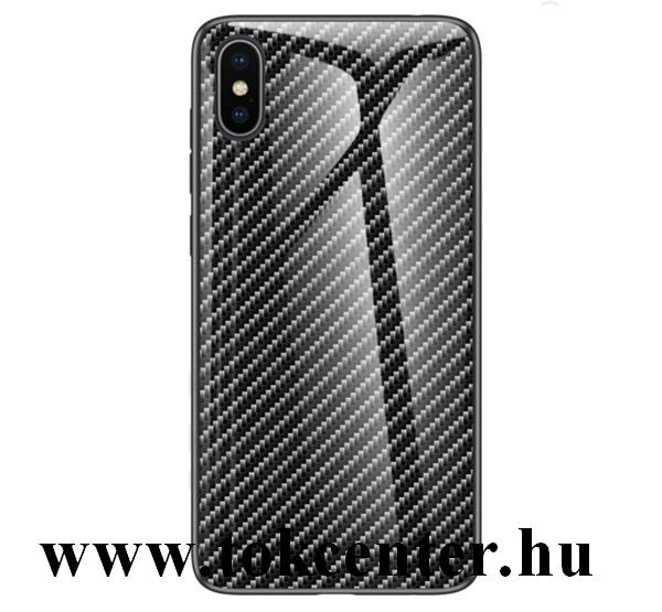Apple iPhone X 5.8 / Apple iPhone XS 5.8 Telefonvédő szilikon keret (BUMPER, edzett üveg hátlap, karbon minta) FEKETE