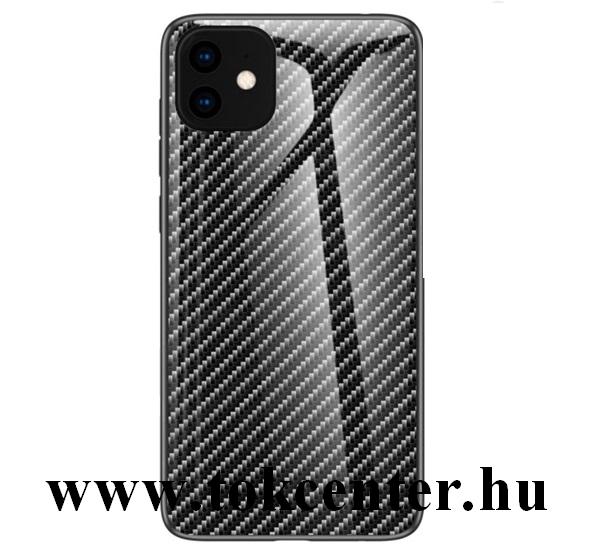 Apple iPhone 11 Telefonvédő szilikon keret (BUMPER, edzett üveg hátlap, karbon minta) FEKETE
