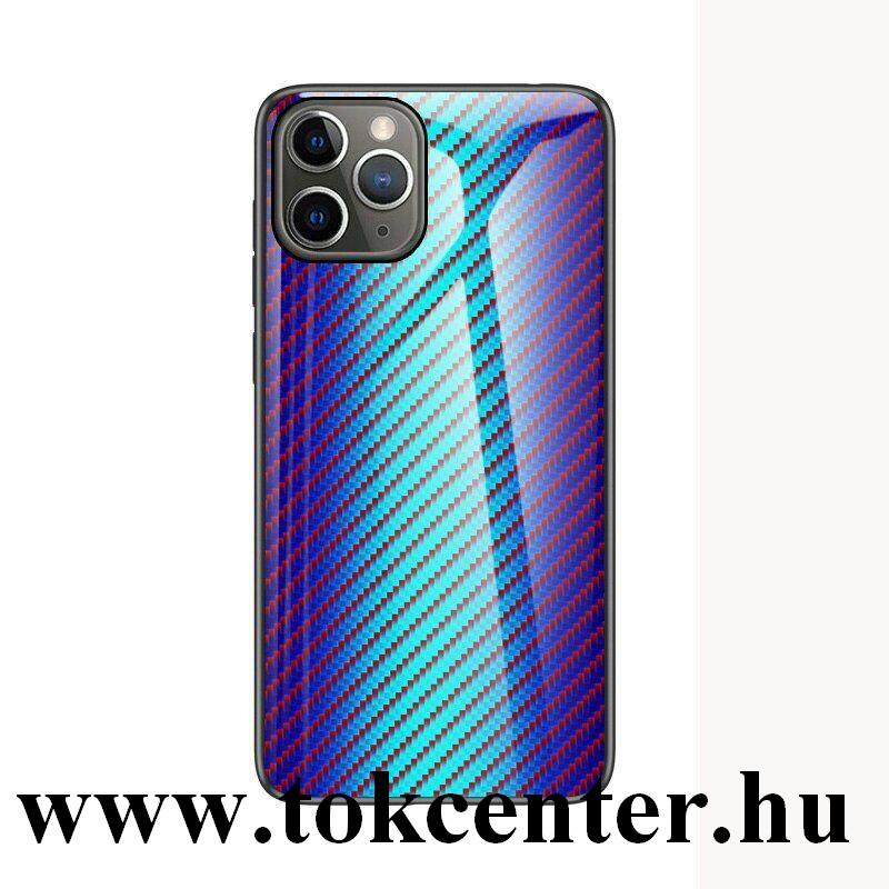 Samsung Galaxy S20 (SM-G980F) /Galaxy S20 5G (SM-G981U) Telefonvédő szilikon keret (BUMPER, edzett üveg hátlap, karbon minta) KÉK