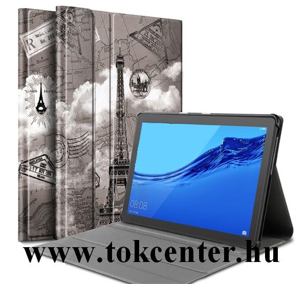 Huawei Mediapad T5 10 LTE / Huawei Mediapad T5 10 WIFI Tok álló, bőr hatású (aktív flip, oldalra nyíló, asztali tartó funkció, torony minta) SZÜRKE