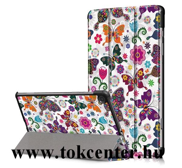 Samsung Galaxy Tab S6 Lite 10.4 LTE (SM-P615) / WIFI (SM-P610) Tok álló, bőr hatású (aktív flip, oldalra nyíló, TRIFOLD asztali tartó funkció, színes pillangó minta) FEHÉR