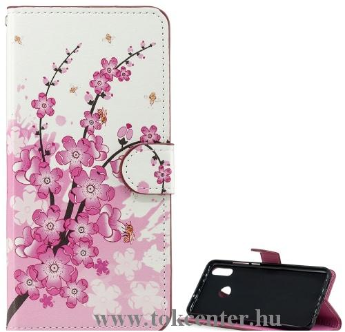 Huawei Y6p Tok álló, bőr hatású (FLIP, oldalra nyíló, asztali tartó funkció, virág minta) FEHÉR