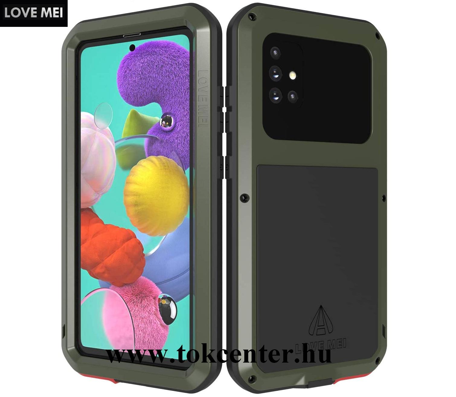 Samsung Galaxy A51 (SM-A515F) LOVE MEI Powerful defender telefonvédő gumi (ütésálló, fém keret + Gorilla Glass üveg) SÖTÉTZÖLD