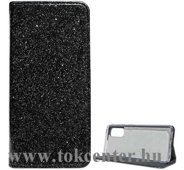 Huawei P40 Lite E / Y7p Tok álló, bőr hatású (FLIP, szilikon belső, oldalra nyíló, asztali tartó funkció, bankártya tartó, csillogó) FEKETE