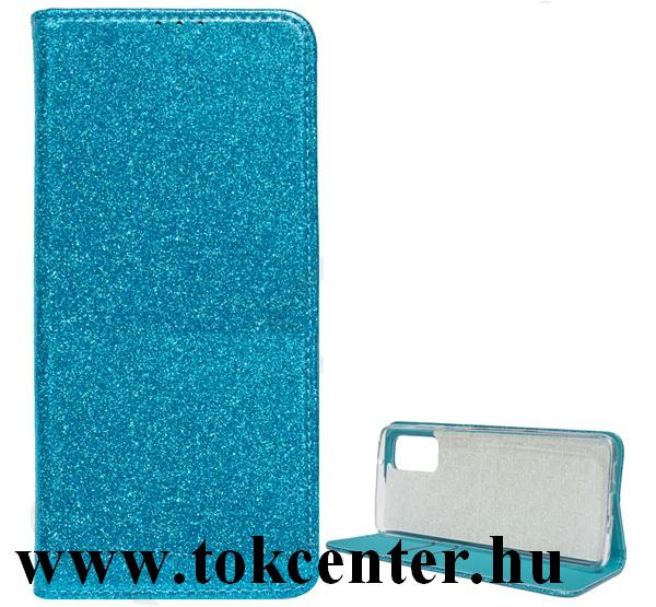 Huawei P40 Tok álló, bőr hatású (FLIP, szilikon belső, oldalra nyíló, asztali tartó funkció, bankártya tartó, csillogó) VILÁGOSKÉK