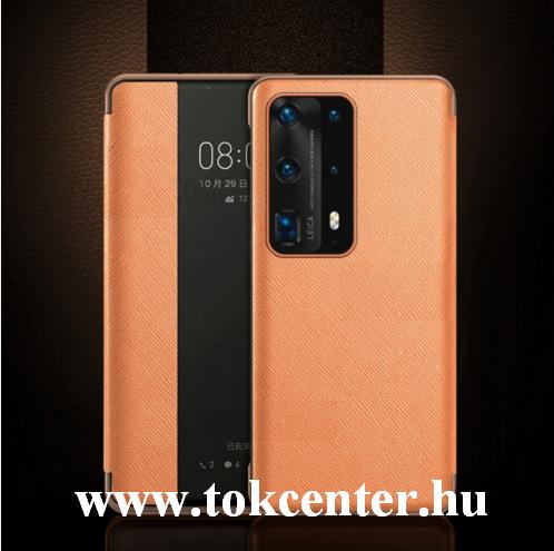 Huawei P40 Tok álló, bőr hatású (aktív flip, oldalra nyíló, View Window, textil minta) BARNA