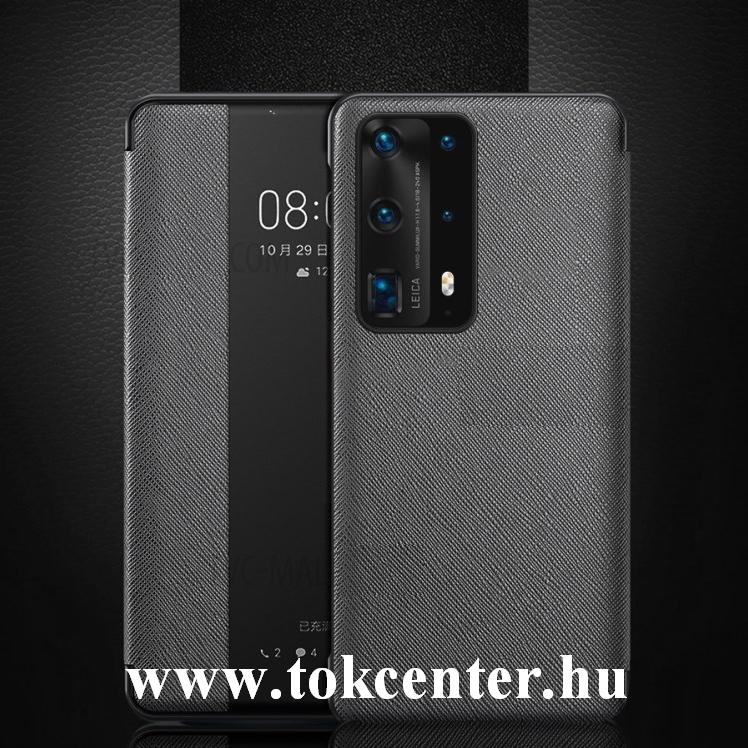 Huawei P40 Tok álló, bőr hatású (aktív flip, oldalra nyíló, View Window, textil minta) FEKETE