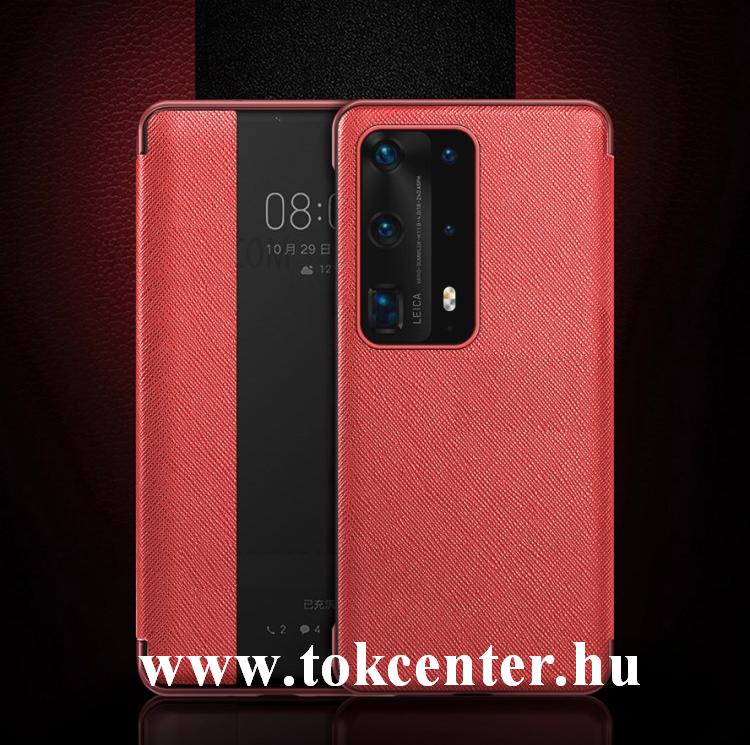 Huawei P40 Tok álló, bőr hatású (aktív flip, oldalra nyíló, View Window, textil minta) PIROS