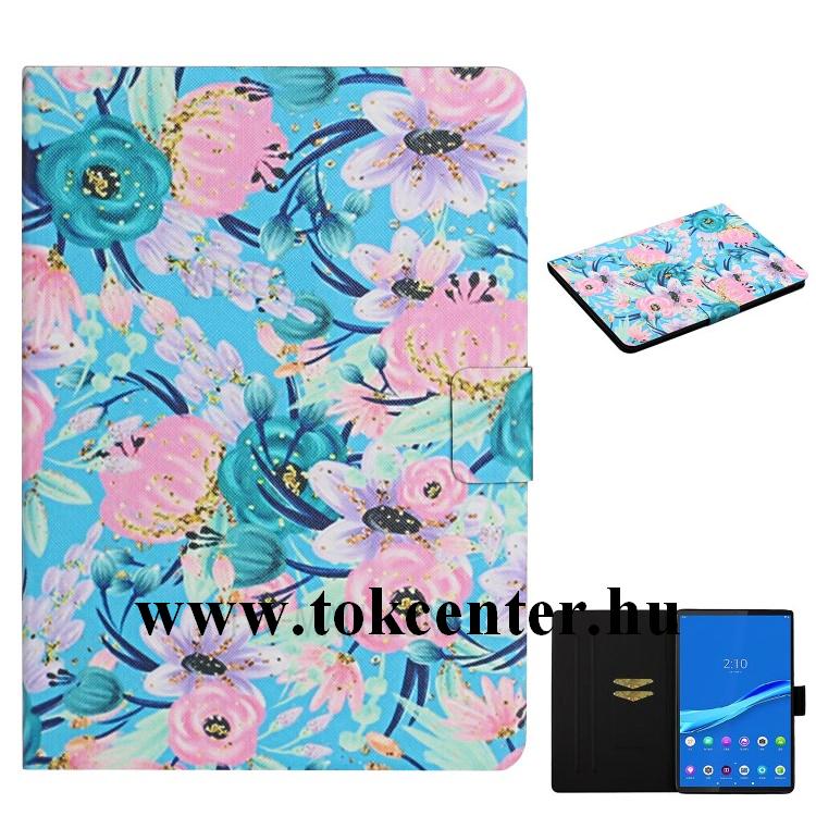 Samsung Galaxy Tab S6 Lite 10.4 LTE (SM-P615) / Tab S6 Lite 10.4 WIFI (SM-P610) Tok álló, bőr hatású (FLIP, oldalra nyíló, asztali tartó funkció, rózsaszín virág minta) KÉK