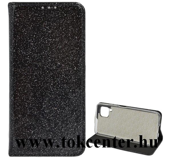 Huawei P40 Lite 4G / Nova 6 SE Tok álló, bőr hatású (FLIP, szilikon belső, oldalra nyíló, asztali tartó funkció, bankártya tartó, csillogó) FEKETE