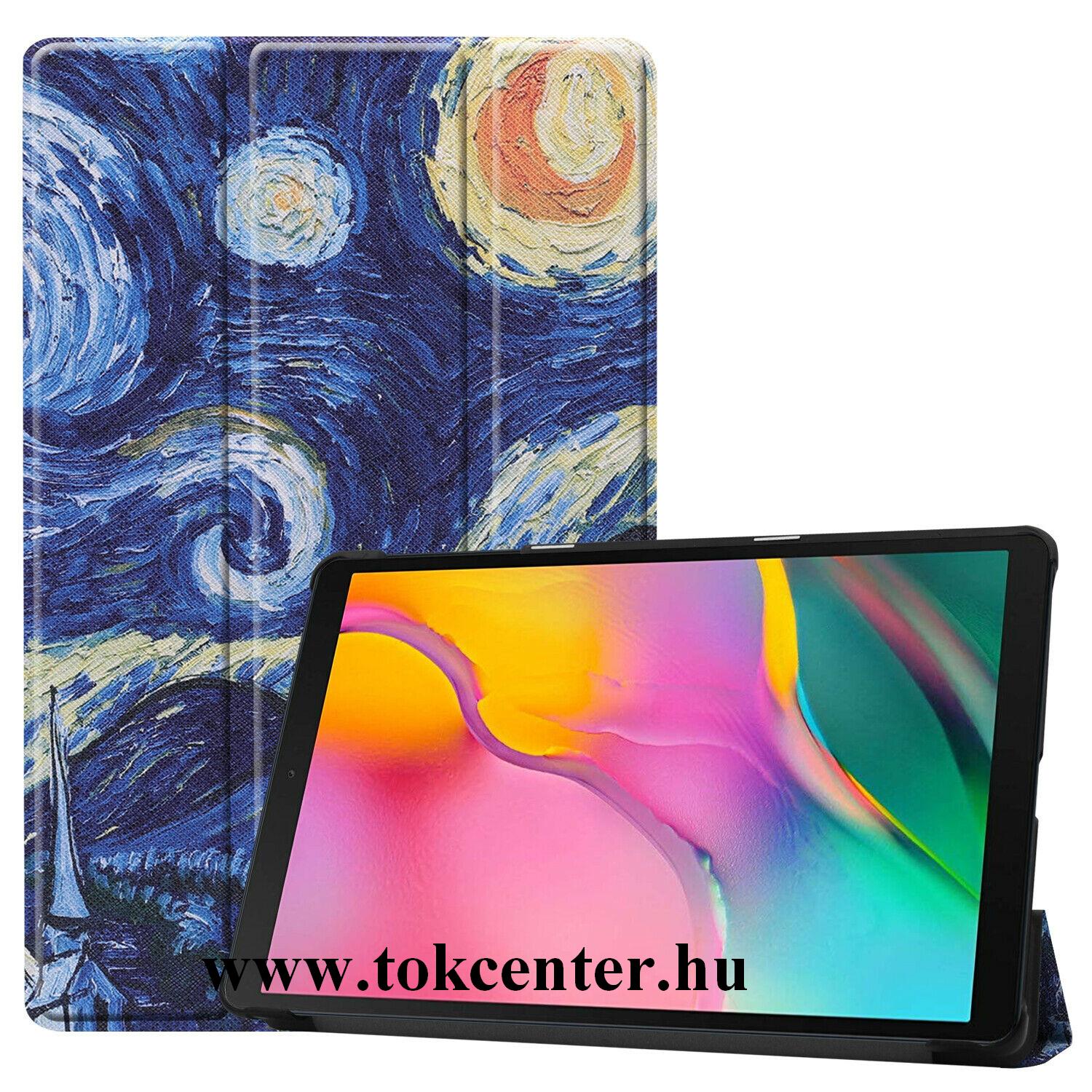 Samsung Galaxy Tab A 10.1 LTE (2019) SM-T515 / Samsung Galaxy Tab A 10.1 WIFI (2019) SM-T510 Tok álló, bőr hatású (aktív flip, oldalra nyíló, TRIFOLD asztali tartó funkció, festmény minta) KÉK