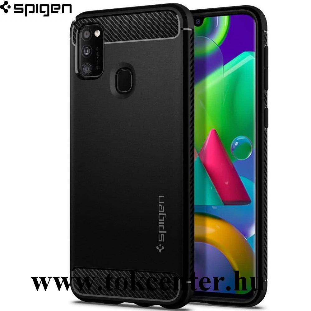 Samsung Galaxy M21 (SM-M215f) SPIGEN RUGGED ARMOR szilikon telefonvédő (közepesen ütésálló, légpárnás sarok, karbon minta) FEKETE (ACS01112)
