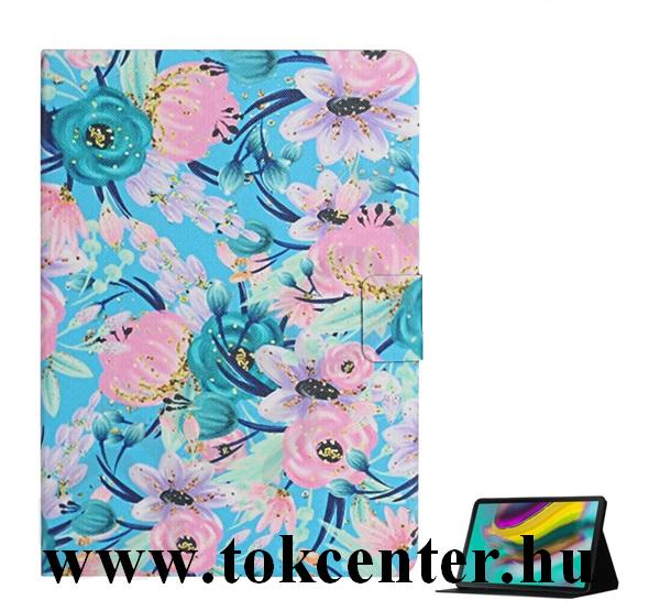 Huawei Mediapad T5 10 LTE / Huawei Mediapad T5 10 WIFI Tok álló, bőr hatású (FLIP, oldalra nyíló, asztali tartó funkció, színes virág minta) KÉK