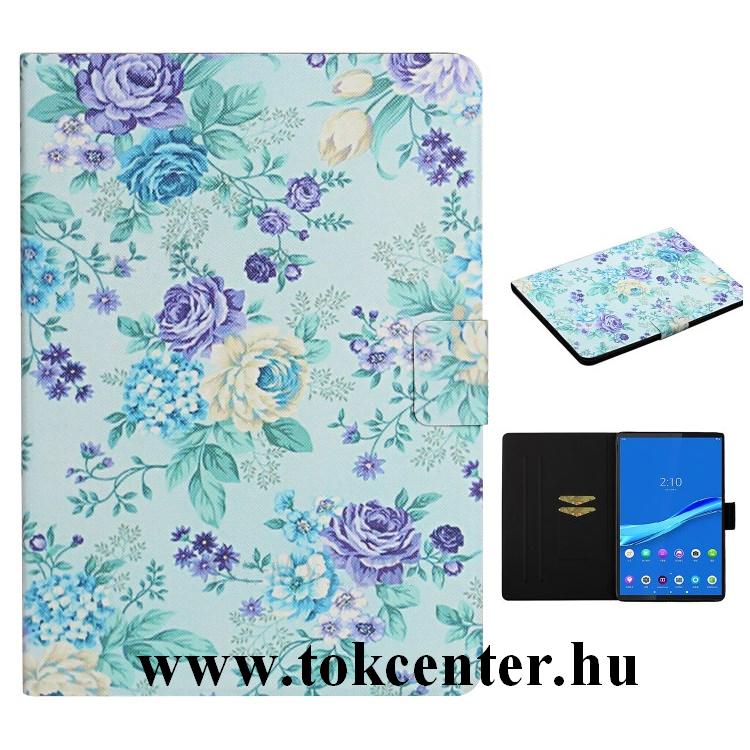 Huawei Mediapad T5 10 LTE / Huawei Mediapad T5 10 WIFI Tok álló, bőr hatású (FLIP, oldalra nyíló, asztali tartó funkció, színes virág minta) VILÁGOSKÉK