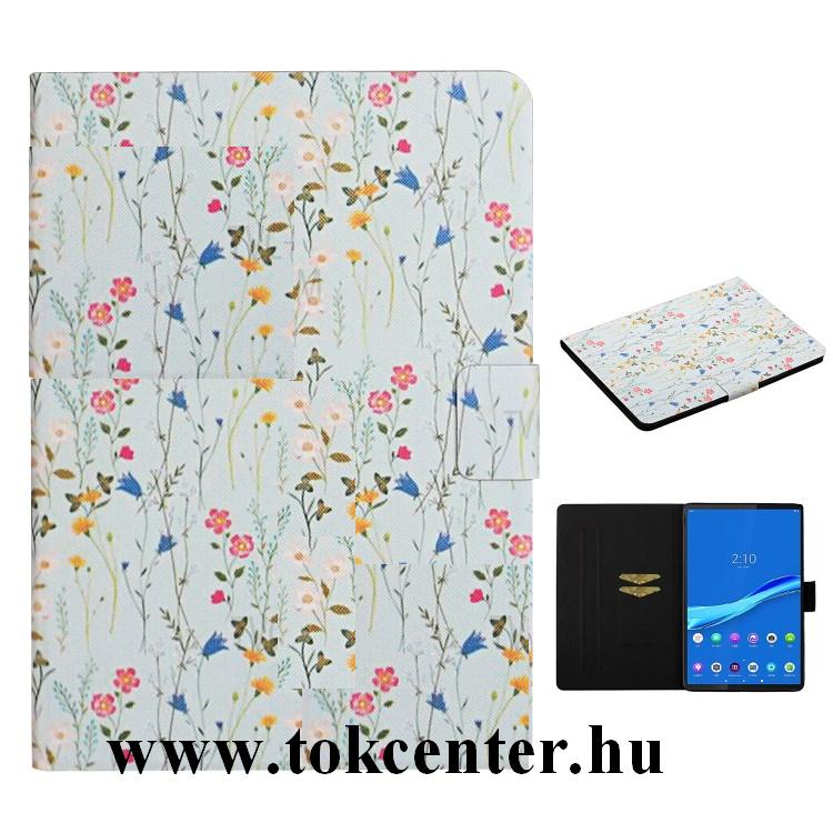 Samsung Galaxy Tab A 10.1 WIFI (2019) SM-T510 Tok álló, bőr hatású (FLIP, oldalra nyíló, asztali tartó funkció, virág minta) VILÁGOSKÉK